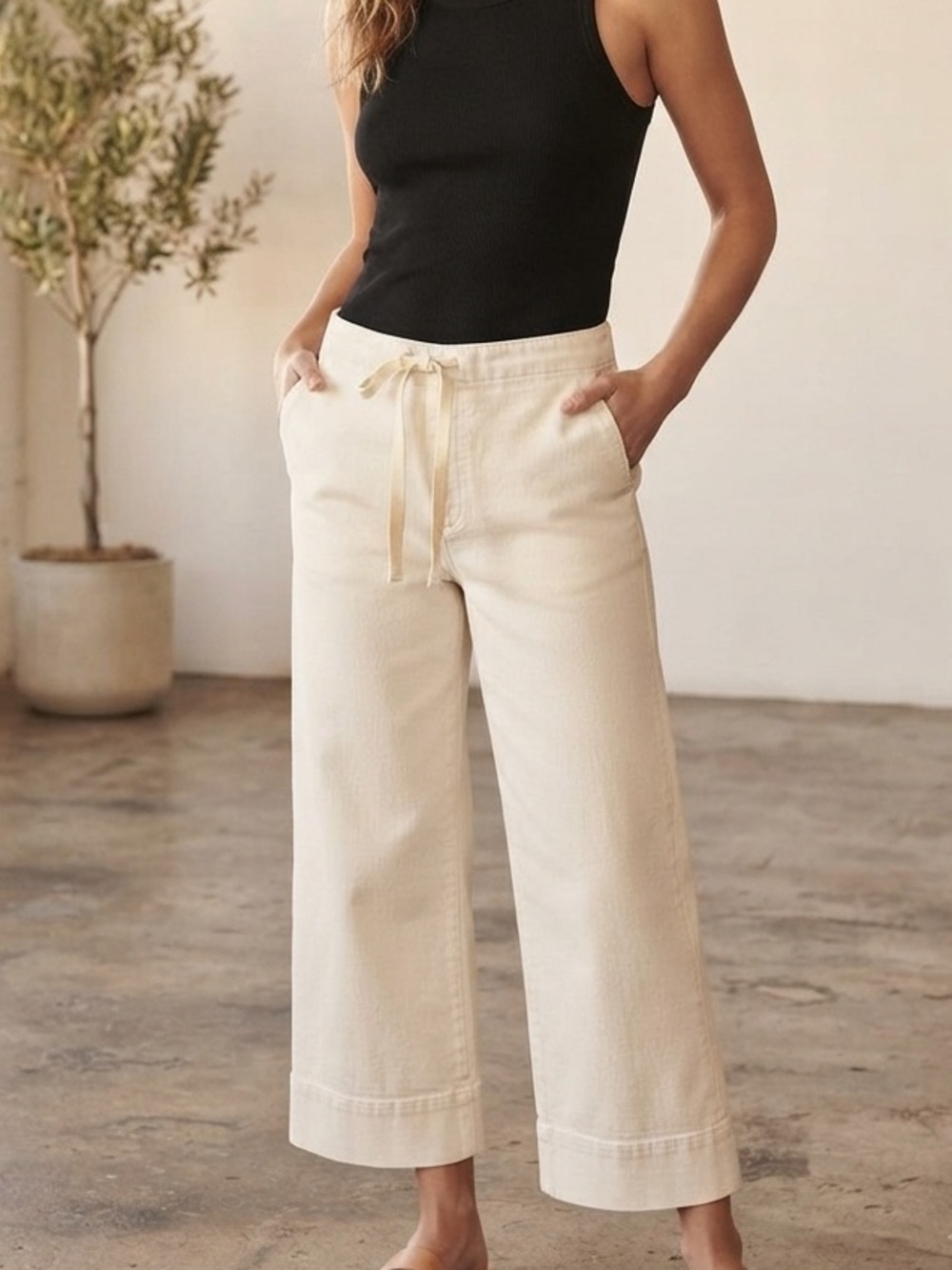 J. Crew Cream Wide-Leg Cotton Drawstring Chinos
